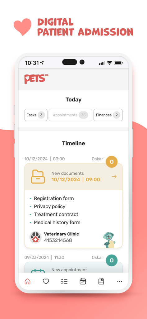 petsXL | smart animal health - A smartphone screen showing the petsXL app interface with digital admission documents and a pet health timeline
