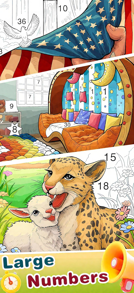 Captura de pantalla de una aplicación móvil que muestra números grandes en páginas para colorear de animales y banderas.