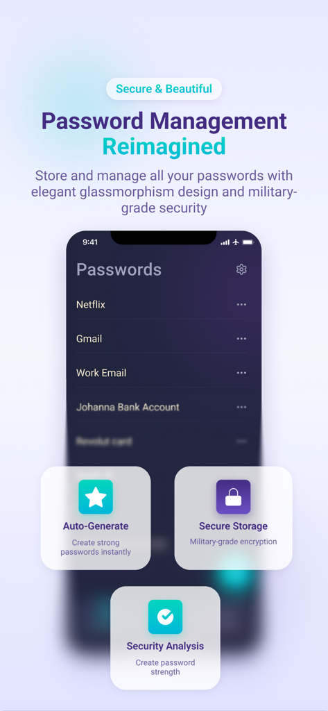 Passkeep - Password Keeper - Passkeep app interface showing password list and key security features including auto-generate and secure storage
