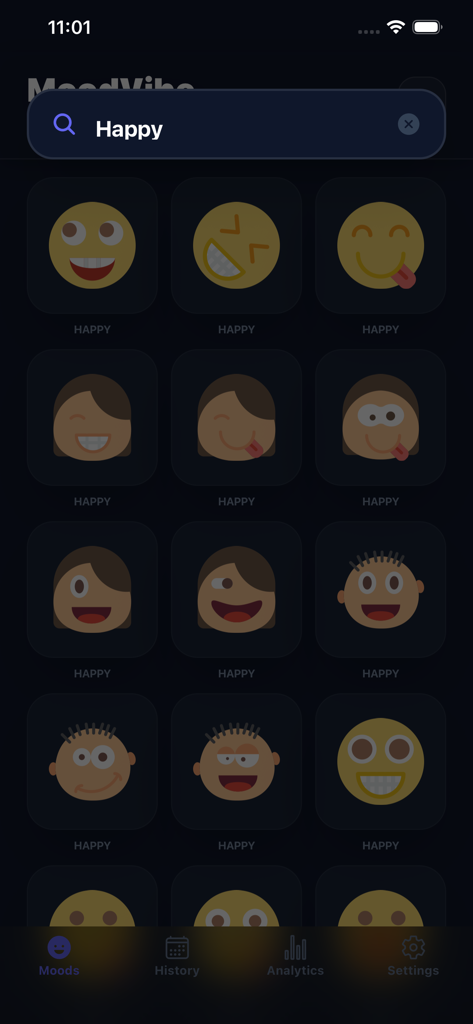 Mood Meter - Interfaz de la aplicación Mood Meter que muestra una búsqueda de iconos de estado de ánimo felices con varias caras de personajes sonrientes.