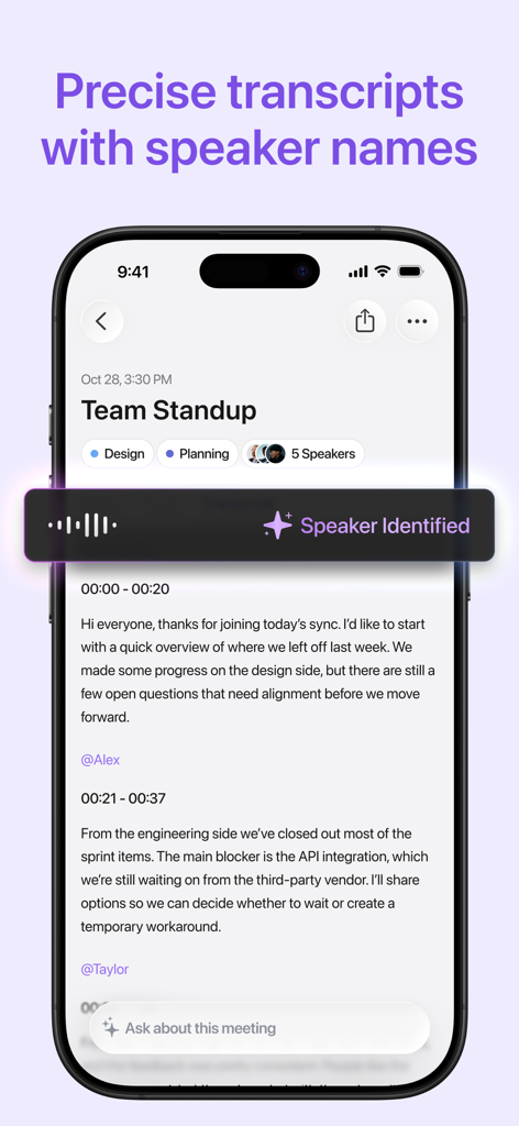 Jamie AI Note Taker app interface showing a precise meeting transcript with automated speaker identification