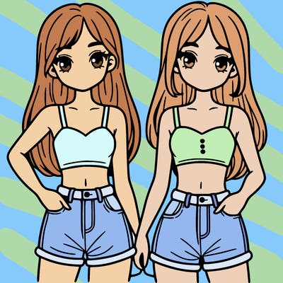 two sisters with crop tops and jean shorts and straight hair