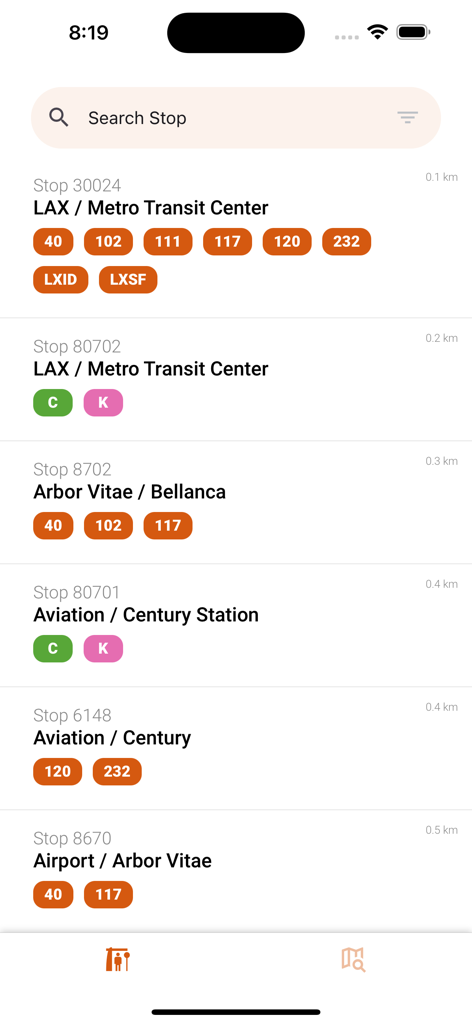 Los Angeles Transit (LA Metro) - Lista de paradas de autobús y metro cercanas en Los Ángeles que muestran los números de línea de tránsito y las distancias.