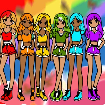 a group of girls wearing crop tops and shorts