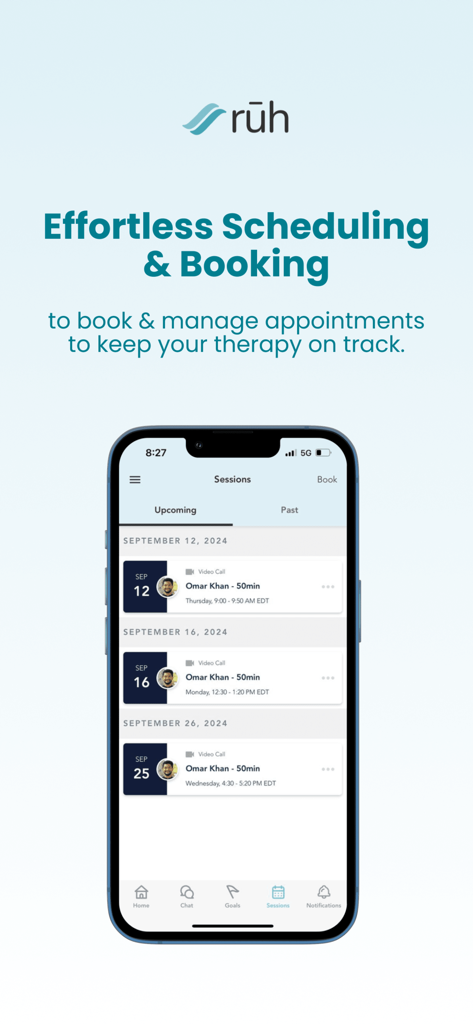 Ruh Care app interface showing upcoming therapy sessions and scheduling management