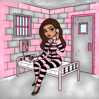 kylie jenner as a bratz/barbie doll picking up the phone in a prison cell