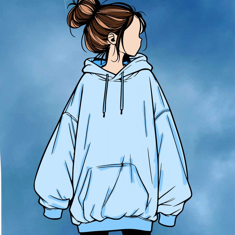 realistic girl with a oversized sweatshirt on and a bun