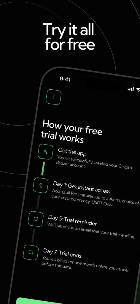 Crypto Buzzer - Pantalla de la aplicación móvil que explica el proceso de prueba gratuita de siete días y las funciones profesionales de Crypto Buzzer.