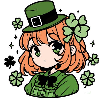 a manga-style girl with clovers around her, a little hat in her hair, like it's saint patrick's day
