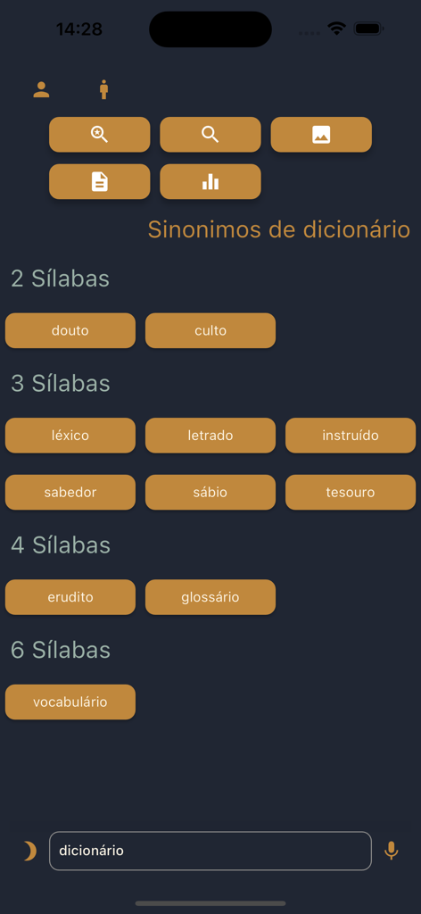 Sinonimos - Uma interface móvel do aplicativo Sinônimos mostrando sinônimos para a palavra dicionário organizados por número de sílabas.