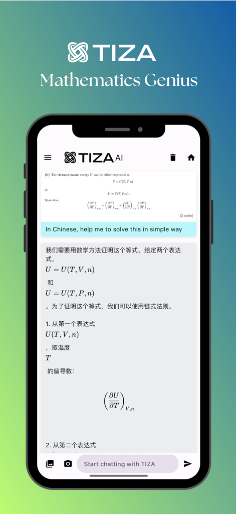TIZA app interface on a smartphone showing an AI assistant solving a complex math problem with step-by-step explanations.