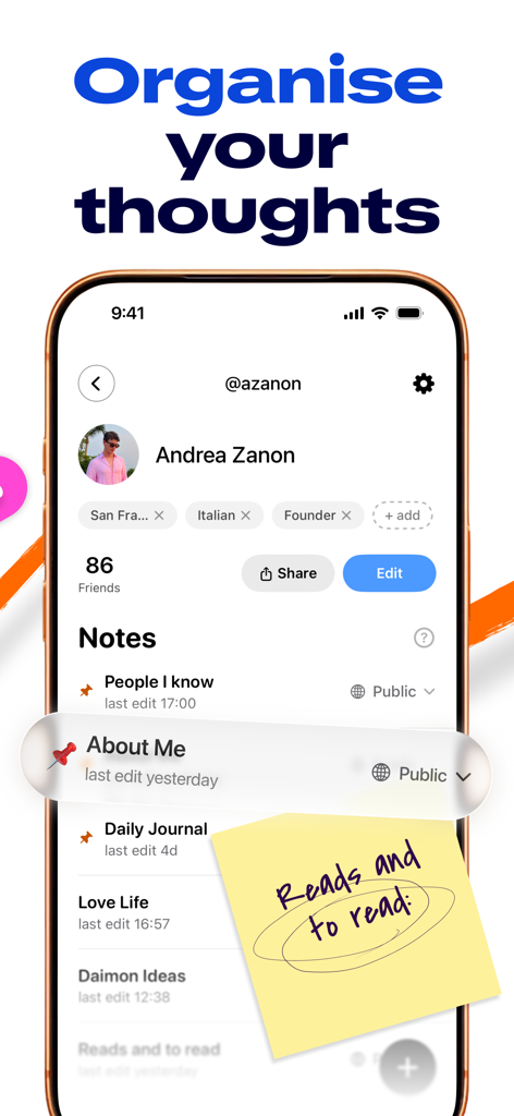Interface of the Daimon app showing a user profile and a list of organized personal notes