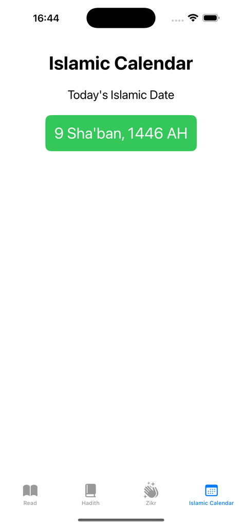 Capture d'écran de l'écran du calendrier islamique montrant la date actuelle en Sha'ban 1446 AH
