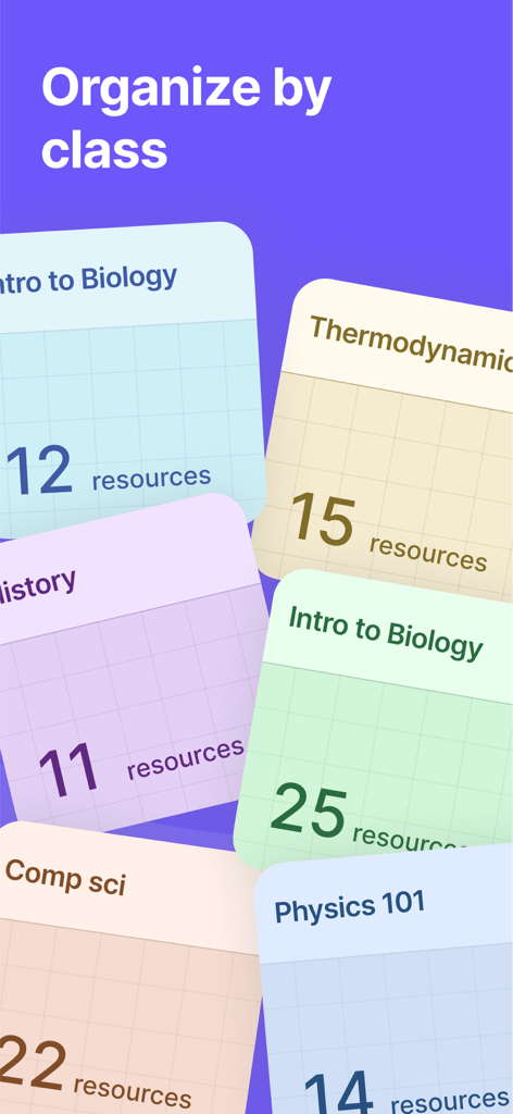 Unstuck AI Note Taker - Interface of Unstuck AI Note Taker showing study resources organized into colorful class folders for Biology, History, and Physics
