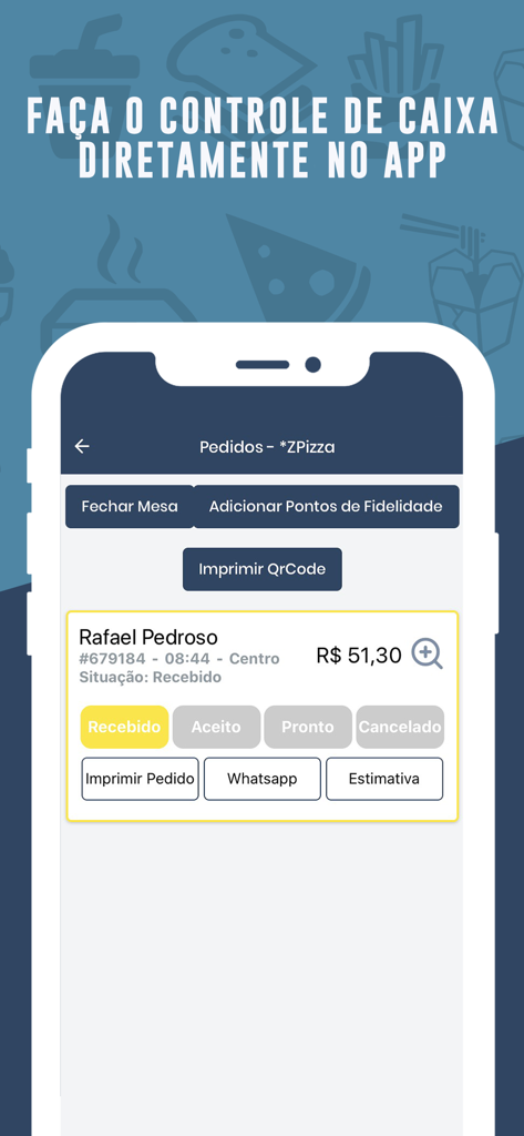 Mobile interface of InstaDelivery Lojista showing restaurant order details and management buttons
