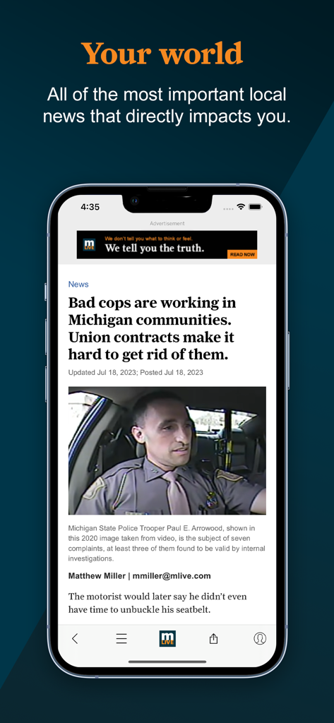 MLive.com - Screenshot of the MLive news app showing a local investigative article about Michigan communities on an iPhone.