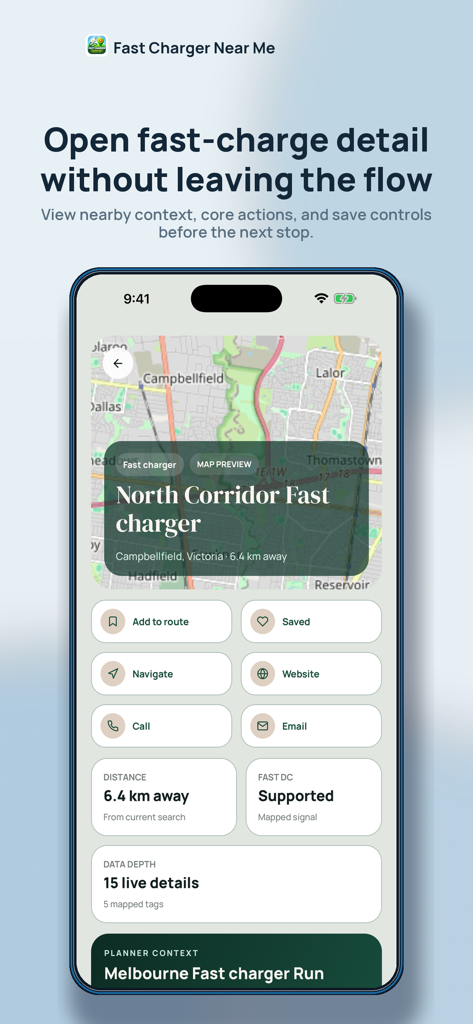A mobile app screenshot showing the detailed view of a North Corridor fast charging station with map location and navigation options.