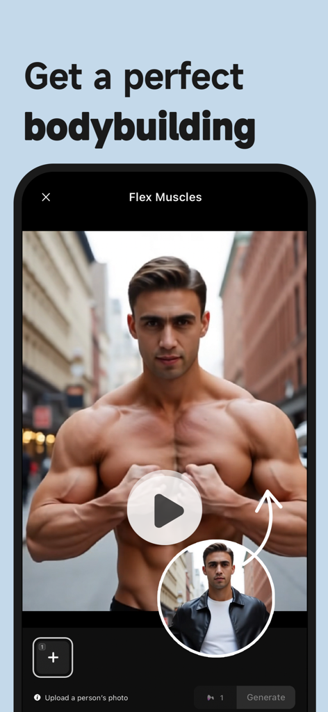 KaCha: AI Video Generator - Interface do app IA mostrando a foto de um homem sendo transformado em um fisiculturista musculoso usando o recurso Flex Muscles