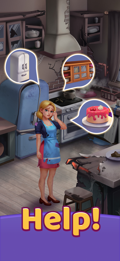 Una mujer angustiada en una cocina desordenada pidiendo ayuda en Tile Story