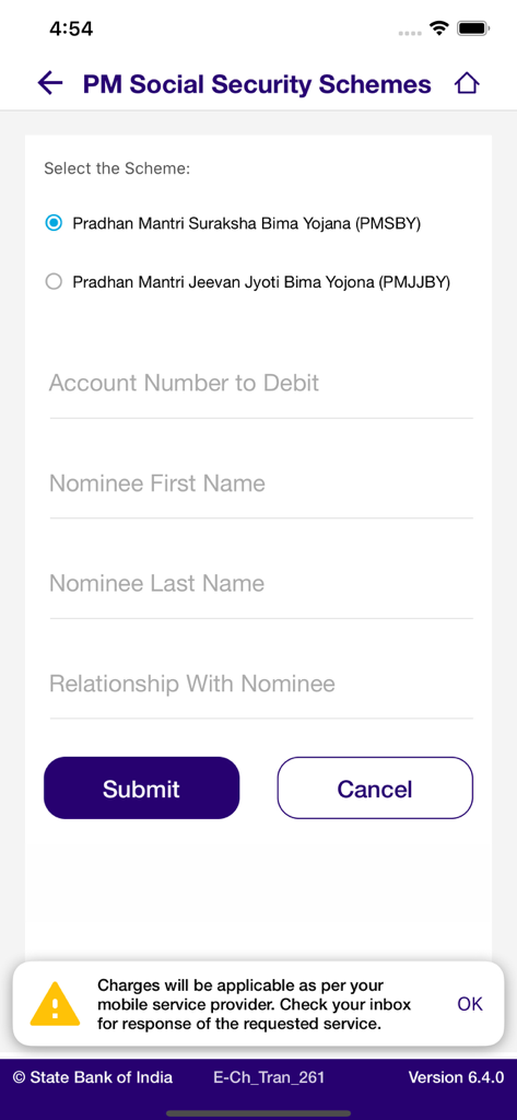 Screen showing the PM Social Security Schemes enrollment form in the SBI Quick app.