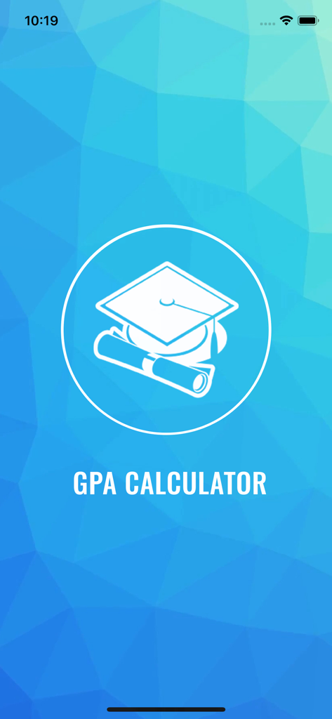 Quick GPA Calculator - 학사모 아이콘과 파란색 기하학적 배경이 있는 빠른 GPA 계산기 앱의 스플래시 화면