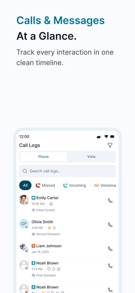 Ringover - Ringover mobile app interface showing a professional call logs timeline with contact names and interaction history