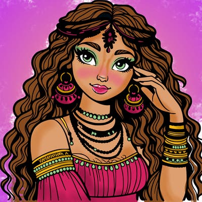 a realistic gypsy woman with long curly hair and jewelry on her