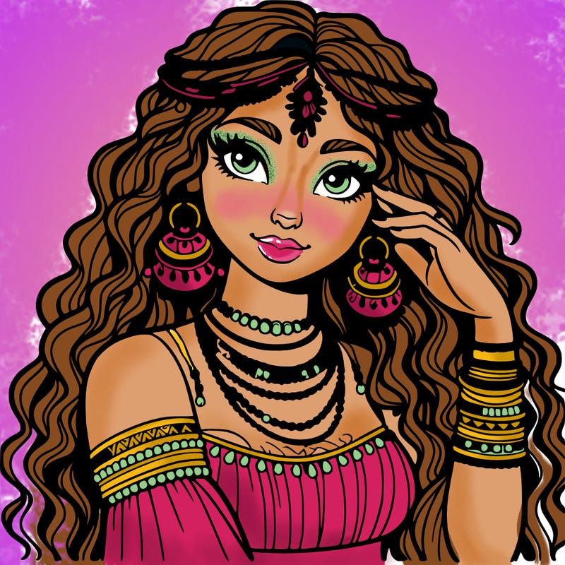 a realistic gypsy woman with long curly hair and jewelry on her