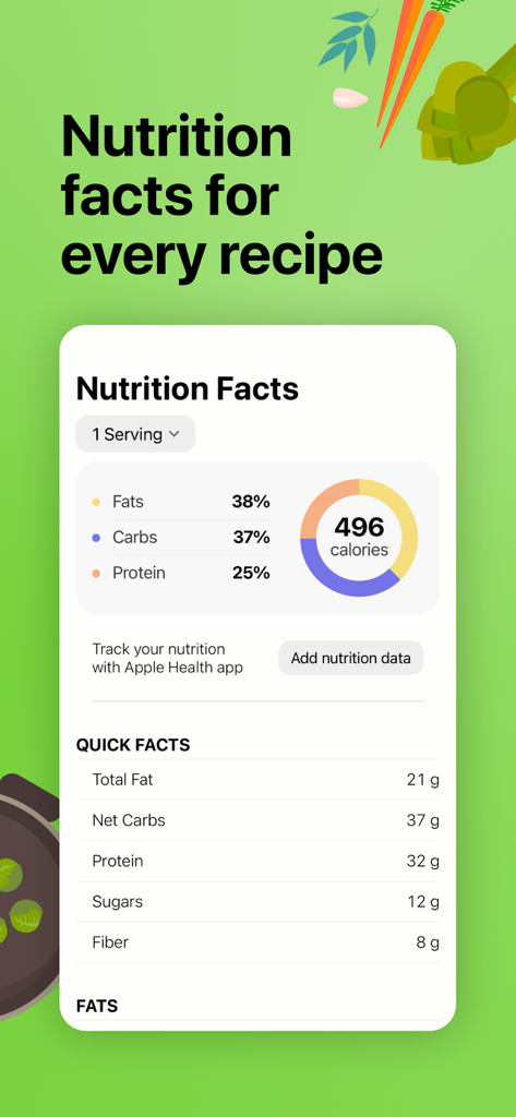 Bildschirm der Mealime-App mit Nährwertangaben, Kalorienanzahl, Makronährstoff-Verteilung und Apple-Health-Integration.