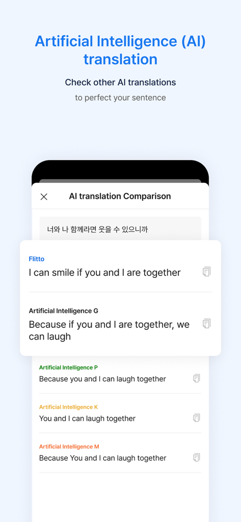 Una comparación de diferentes resultados de traducción de IA para una oración en coreano dentro de la interfaz de la aplicación Flitto