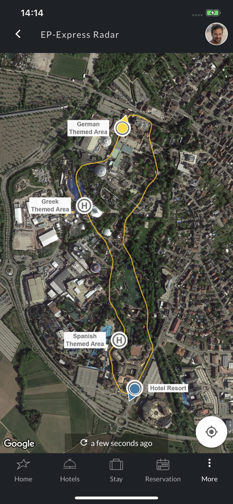 Europa-Park Hotels - Satellitenkarte des Europa-Parks in der Hotel-App, die die Route des EP Express Zuges und die Standorte der Themenbereiche zeigt