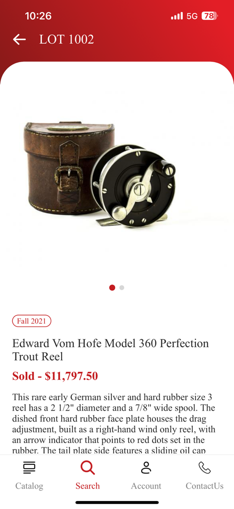 Antique Edward Vom Hofe Model 360 Perfection Trout Reel and leather case