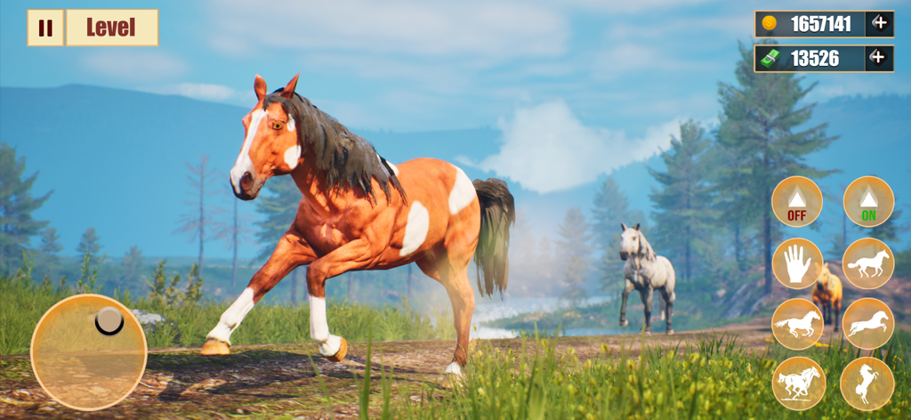 A pinto horse galloping on a scenic dirt path in the Horse racing riding tales mobile game