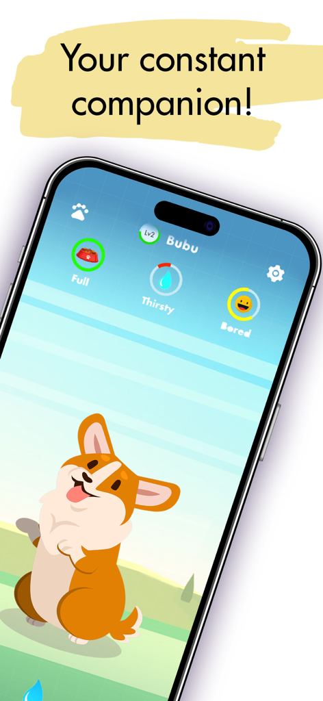 Watch Pet: Widget & Watch Pets - Interface do aplicativo móvel Watch Pet mostrando um corgi virtual fofo com ícones de status de fome, sede e humor.