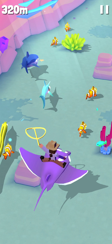 Rodeo Stampede: Sky Zoo Safari - A cowboy character riding a purple manta ray in an underwater voxel environment with sharks and fish