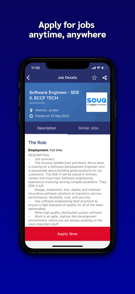 GulfTalent app screen showing software engineer job details with an apply now button