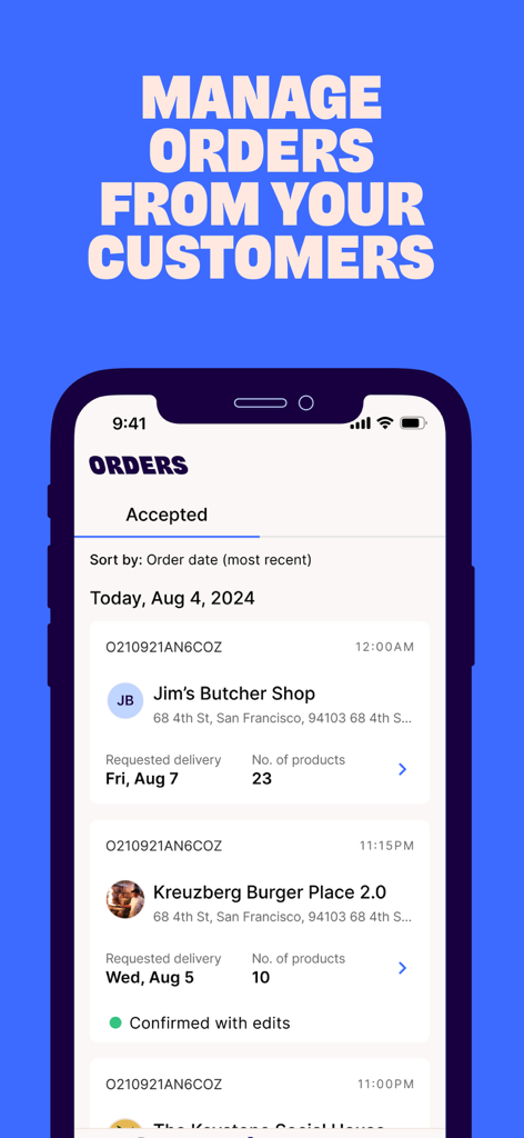 Choco app interface showing a list of accepted customer orders for food distributors
