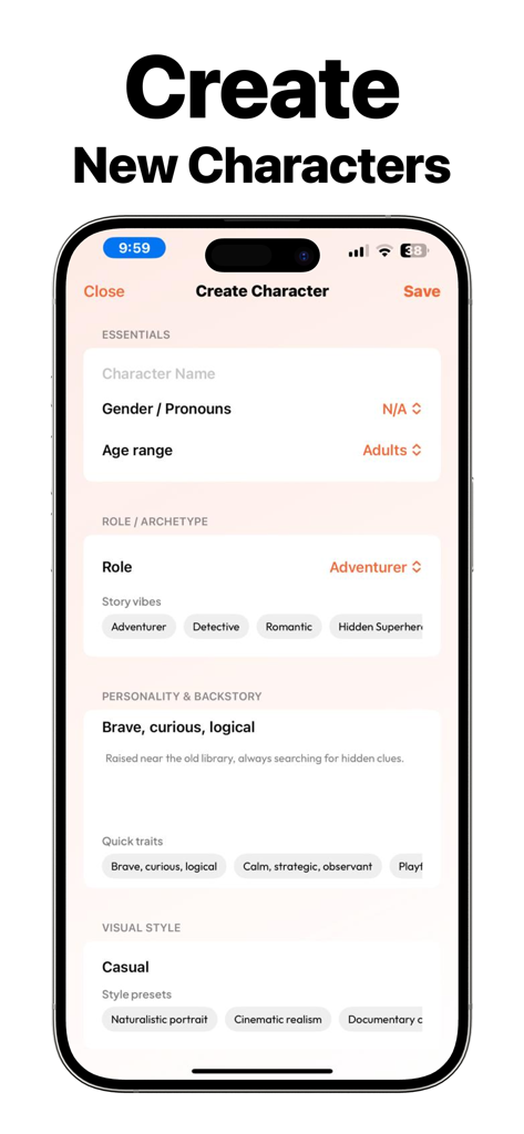 Novel AI - Story Generator - Interfaz de usuario de la pantalla de creación de personajes en la aplicación Novel AI Story Generator que presenta opciones de personalidad de rol y estilo visual.