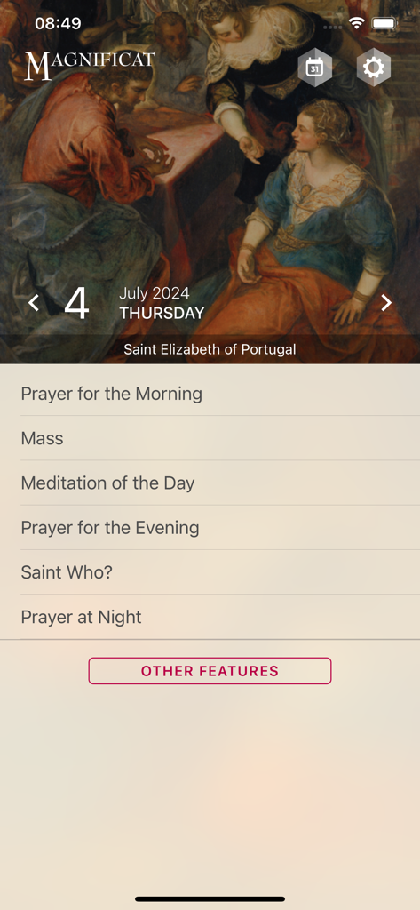 Pantalla de inicio de la aplicación Magnificat que muestra opciones de oración diarias y arte religioso de Santa Isabel de Portugal.