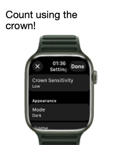 Tally Watch: Simple Tally - Settings screen of the Tally Watch app on Apple Watch showing crown sensitivity and dark mode options
