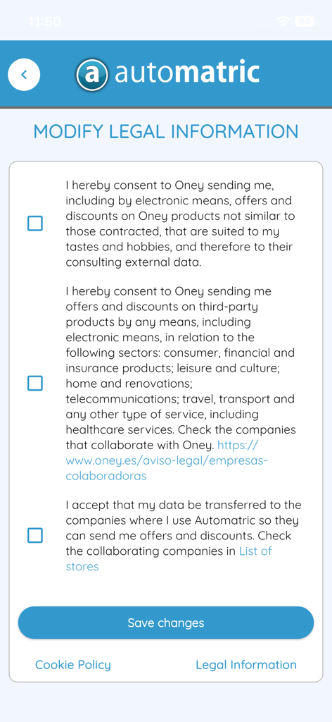 automatric - Interfaz de la aplicación Automatric que muestra la información legal y la configuración de consentimiento de marketing.