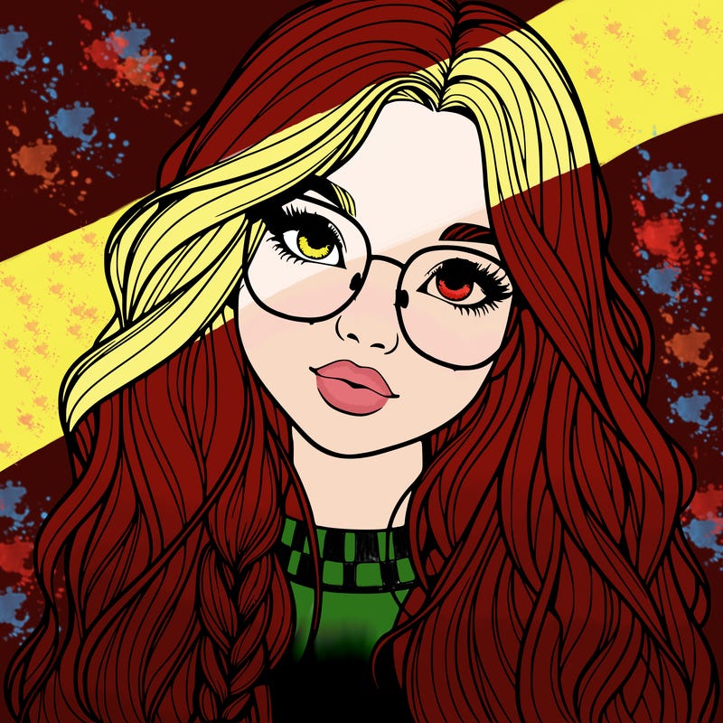 girl with long hair and freckles and glasses realistic