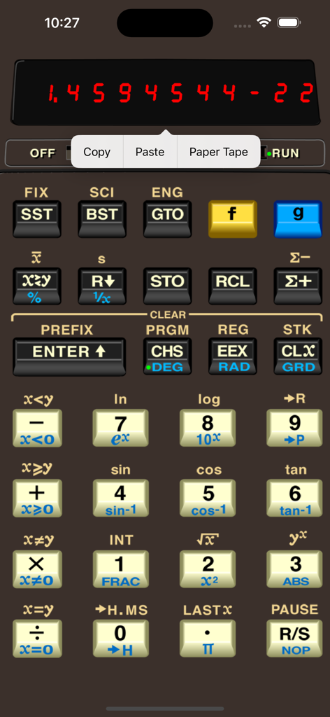 Interface de l'application GO-25 SciRPN simulant une calculatrice scientifique vintage HP-25C avec un écran LED rouge et des boutons fonctionnels