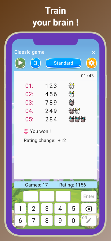 Bulls & Cows - Mastermind - A screenshot of the Bulls and Cows Mastermind mobile game showing a completed logic puzzle with a You won message.