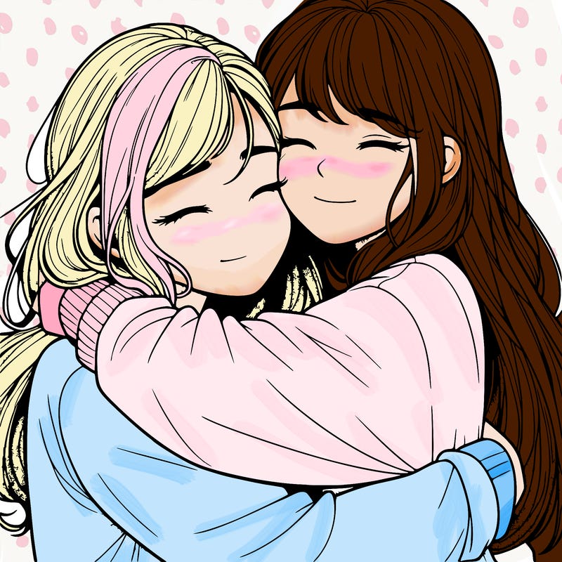 realistic two girls hugging