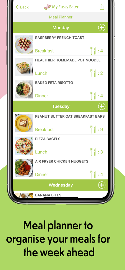 Weekly meal planner interface showing healthy breakfast lunch and dinner recipes for kids