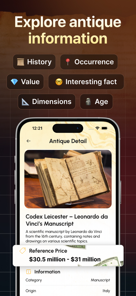 Relic Snap: Antique Identifier - A mobile app screen showing detailed historical information and market valuation for an antique manuscript.