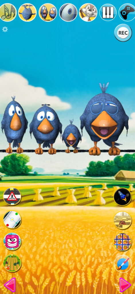 Talking Birds On A Wire - Four funny blue cartoon birds sitting on a wire in a sunny field with various mini-game icons and feature buttons.