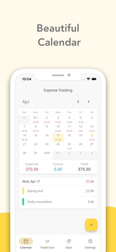 Visão minimalista do calendário mensal mostrando despesas diárias e custos futuros em aberto no aplicativo ExpenseTracking.