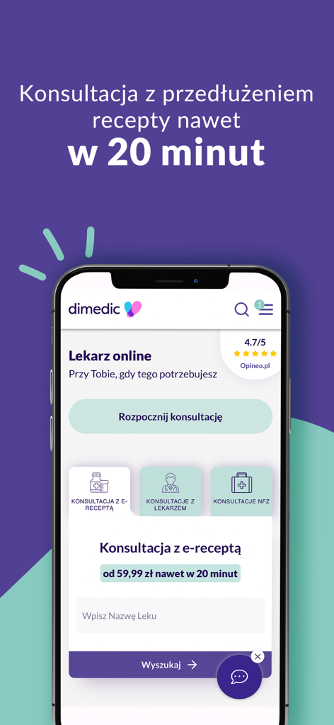 Dimedic - recepta na zdrowie - Interfaccia dell'app mobile Dimedic che mostra opzioni per consultazioni mediche online e rinnovi di prescrizione